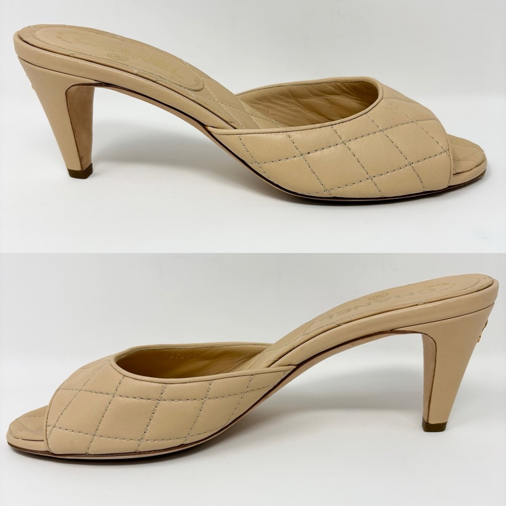 Chanel Quilted Lambskin CC Mules Beige Open Toe Mid Heel Size 39 - Picture 7 of 16